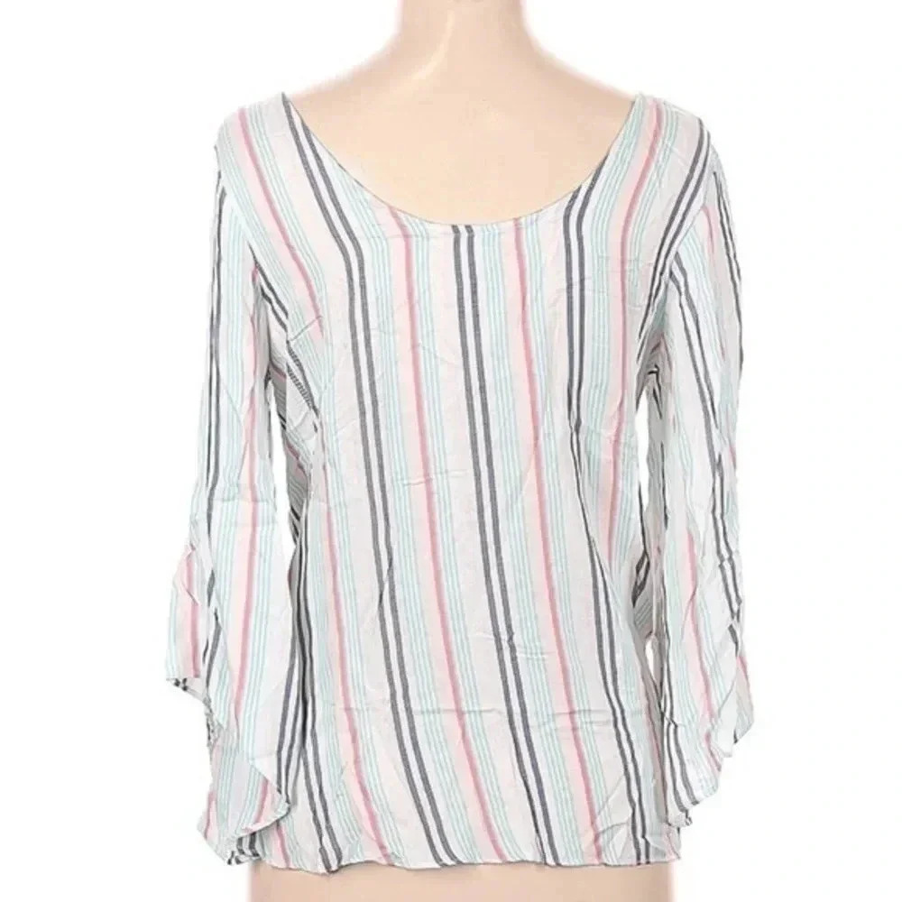 Anthropologie Drew White Multi Stripe Open Back Long Sleeve Blouse Size M Medium